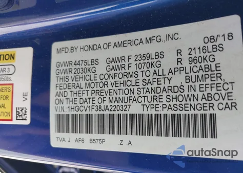 2018 Honda Accord Sport из США, поврежденный, VIN 1HGCV1F38JA220327